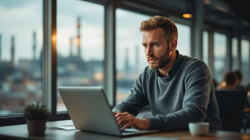 Krefelder Angestellter im Coworking-Space in Bockum mit Laptop, im Hintergrund Industriekulisse Uerdingen